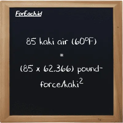 Cara konversi kaki air (60<sup>o</sup>F) ke pound-force/kaki<sup>2</sup> (ftH2O ke lbf/ft<sup>2</sup>): 85 kaki air (60<sup>o</sup>F) (ftH2O) setara dengan 85 dikalikan dengan 62.366 pound-force/kaki<sup>2</sup> (lbf/ft<sup>2</sup>)